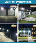Solar Powered Outdoor Lights With 100 LEDs And 2000 Lumens, Waterproof Motion Sensor Flood Lights illuminating garage and porch