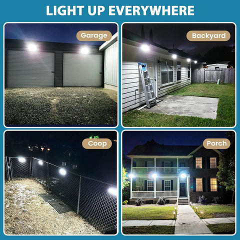 Solar Powered Outdoor Lights With 100 LEDs And 2000 Lumens, Waterproof Motion Sensor Flood Lights illuminating garage and porch