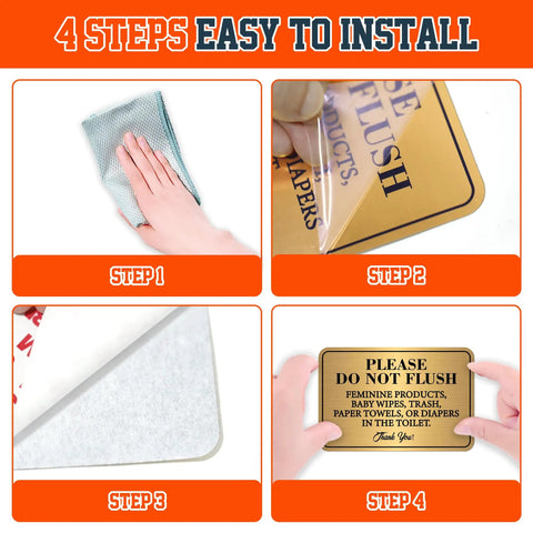 4 steps to install 2 Pack Do Not Flush Sign Self Adhesive Gold And Black Toilet Rule Sticker For Bathrooms And Offices 5.9 x 3.9 in