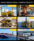 Images depicting industrial applications, including construction, machinery, mining, petroleum, shipping, and chemical industries.