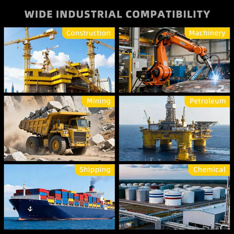 Images depicting industrial applications, including construction, machinery, mining, petroleum, shipping, and chemical industries.