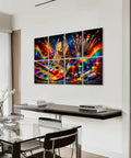 Colorful 9 panel art display featuring paintbrushes, palette, and vibrant paint tubes, perfect for creative spaces.