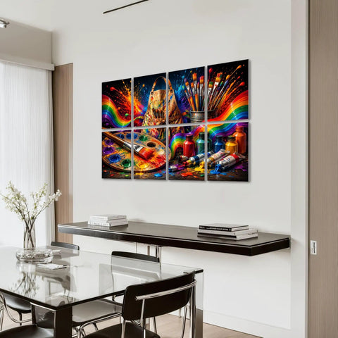 Colorful 9 panel art display featuring paintbrushes, palette, and vibrant paint tubes, perfect for creative spaces.