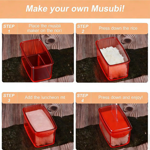 Step-by-step guide using Two Pack Red Musubi Maker Kit Nonstick BPA Free Sushi Mold for Hawaiian musubi preparation.