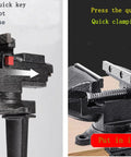 Versatile Clamp On Bench And Table Vise With 360 Degree Rotation Quick Adjustment shown with quick release and clamping features