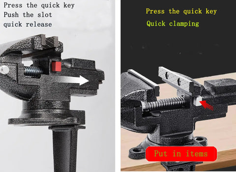 Versatile Clamp On Bench And Table Vise With 360 Degree Rotation Quick Adjustment shown with quick release and clamping features