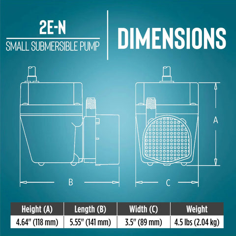 Dimensions of 300 GPH 115 Volt Oil Filled Submersible Pump With Aluminum Die Cast Housing shown with measurements.