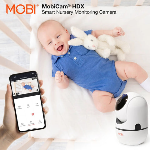 1080P HD WiFi Pan Tilt Indoor Security Camera with night vision and motion detection monitoring a baby in a crib, two pack