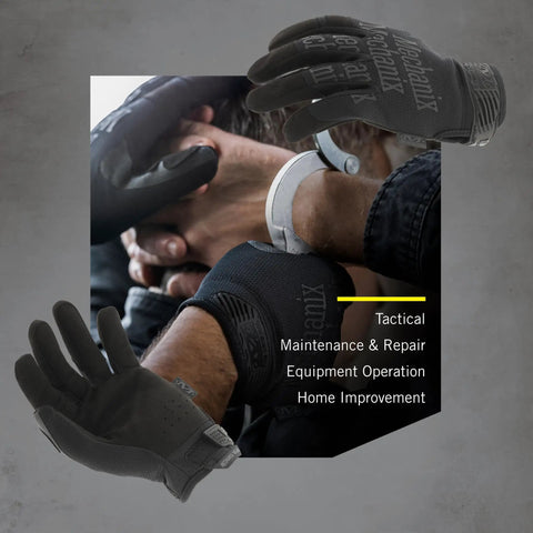Covert Black Tactical Work Gloves With High Performance Anti Slip Grip And Touchscreen Capable, Impact Resistant Hands showing flexibility.