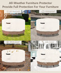 Round Outdoor Table Cover Waterproof Heavy Duty Patio Furniture Cover For 42 Inch Diameter And 28 Inch High Round Tables And Chair Sets Beige And Brown No Fuss All Weather Protection Easy Fit shown in various weather conditions.