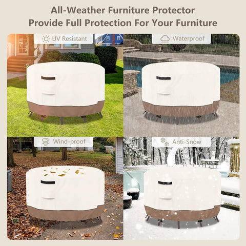 Round Outdoor Table Cover Waterproof Heavy Duty Patio Furniture Cover For 42 Inch Diameter And 28 Inch High Round Tables And Chair Sets Beige And Brown No Fuss All Weather Protection Easy Fit shown in various weather conditions.