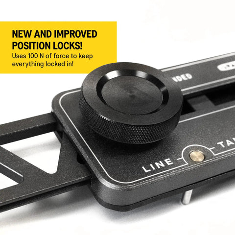 Close-up of stair gauge showing position lock feature and CNC aluminum build for accurate angles, lengths, and edges.