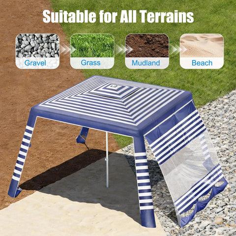 Eight By Eight Foot Beach Cabana Tent With Sun Shield UPF 50 Plus on gravel, grass, mudland, and beach surfaces