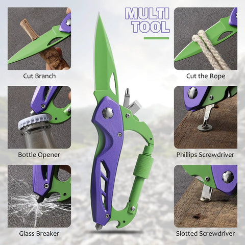Six In One Multitool Carabiner With Folding Knife And Bottle Opener For Camping And Hiking, EDC Gear, purple and green design