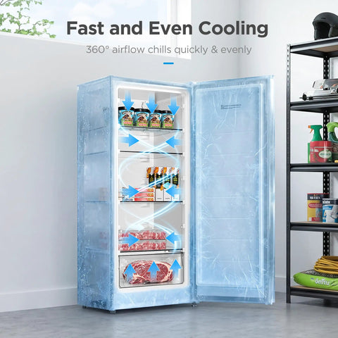 Big Capacity 7.1 Cu Ft Upright Freezer Refrigerator Convertible in Black showcasing 360° airflow for even cooling.