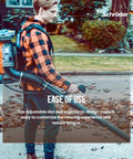 Man using Gas Backpack Leaf Blower Delivers 3.7 HP Power From 63.3cc Engine With Up To 230 MPH Airspeed And 920 CFM For Quick Wet And Dry Debris Cleanup, Ultra Light At 19.5 Pounds, SR 6400L Backpack Blower Pro Ready, in a yard.