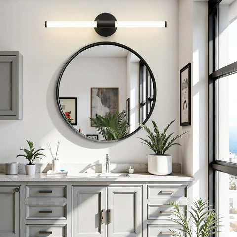 Dimmable LED Vanity Light Bar For Bathroom, 360 Degree Full Illumination Over Mirror Sconce, Black 24 Inch above round mirror