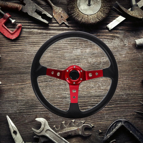 14 Inch PU Steering Wheel For Cars Golf Carts Trucks And Simulator Rigs With Horn Button, Red Aluminum Rim On Wood Background