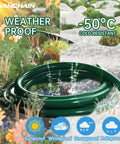 Green 50 Ft Outdoor Extension Cord Waterproof 16 AWG SJTW shown coiled with weatherproof icons and nature background.