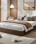 Rock Solid Wooden Queen Platform Bed Frame With Sleek Modern Lines And A Warm Natural Wood Finish in a stylish bedroom setting.