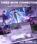 Slick Wireless Mechanical Gaming Keyboard With Smart Lcd Screen and Tuned Multi Knob, setup with three device connections.