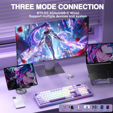 Slick Wireless Mechanical Gaming Keyboard With Smart Lcd Screen and Tuned Multi Knob, setup with three device connections.