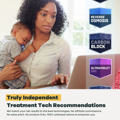Mother using laptop with baby while reviewing Top Tier Home Water Test Kit For Well And City Tap Sources Checks One Hundred Sixteen Parameters Including Lead Copper Hardness Alkalinity Bacteria And Chlorine With Legit Epa Certified Lab Reports For Total Peace Of Mind.