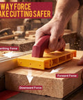 Two Pack Table Saw Push Blocks Yellow Safety Gear With Pro Grade Anti Slip Pads And Offset Handles To Boost Control For Router Band Saw Jointer And Everyday Woodworking Shop Projects, demonstrating 3-way force distribution on wood.