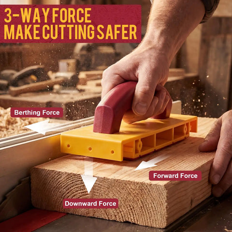 Two Pack Table Saw Push Blocks Yellow Safety Gear With Pro Grade Anti Slip Pads And Offset Handles To Boost Control For Router Band Saw Jointer And Everyday Woodworking Shop Projects, demonstrating 3-way force distribution on wood.