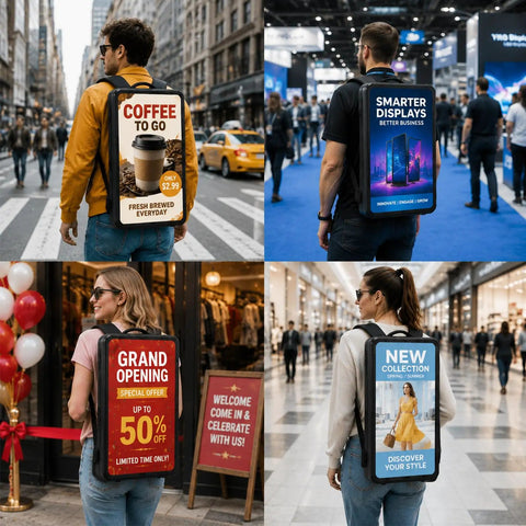 Hella Bright 21 5 Inch Lcd Backpack Mobile Ads showing various ad displays in outdoor settings for marketing campaigns.