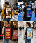 Rock Solid 21.5 Inch Touch Screen Led Advertising Backpack With Android Os And Hella Bright Ip65 Waterproof Display for outdoor advertising in various locations.