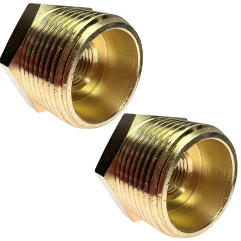 Two brass 3/4 in NPT male to 1/4 in NPT female reducer hex bushings for pipe fittings