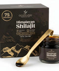 Pure Himalayan Shilajit Resin 30 Gram Jar with a golden spoon, showcasing 75 servings of dietary supplement.