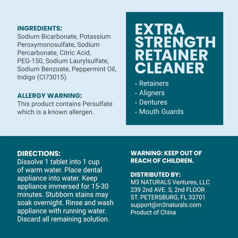 Instruction label for Extra Strength Retainer And Denture Cleaning Tablets 8 Month Supply with ingredients and warnings.
