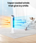 Evaporative Air Cooler 40 Inch Tower Fan With 80 Degree Oscillation For Chill Air in living room with person relaxing on sofa