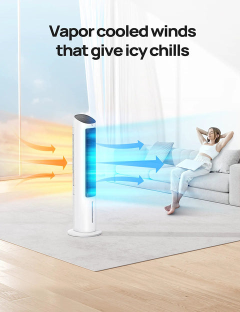 Evaporative Air Cooler 40 Inch Tower Fan With 80 Degree Oscillation For Chill Air in living room with person relaxing on sofa