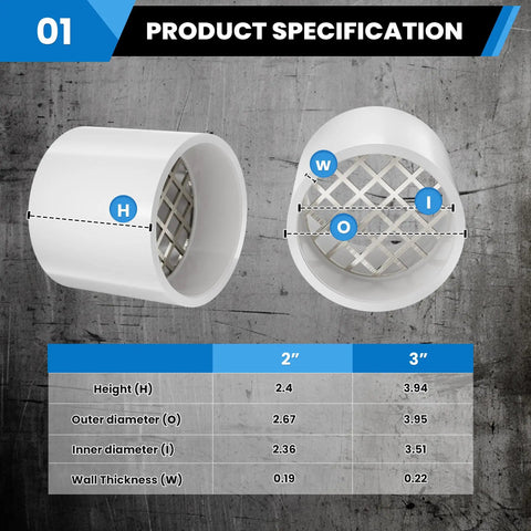 Two Inch Schedule 40 PVC Vent Cap With Mesh Screen And Stainless Steel Termination Cap dimensions and specifications