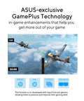 ASUS-exclusive GamePlus technology screen showing airplane combat game with on-screen enhancements and system display.
