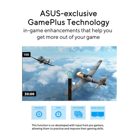 ASUS-exclusive GamePlus technology screen showing airplane combat game with on-screen enhancements and system display.