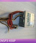 Heavy Duty Industrial Power Supply ENSP3 450P Rock Solid Switching Regulator Din Rail Mount, top view with wires.