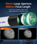SV520 90mm Refractor Telescope Kit For Beginners With 800mm Focal Length AZ Mount highlighting lens and moon view comparison.