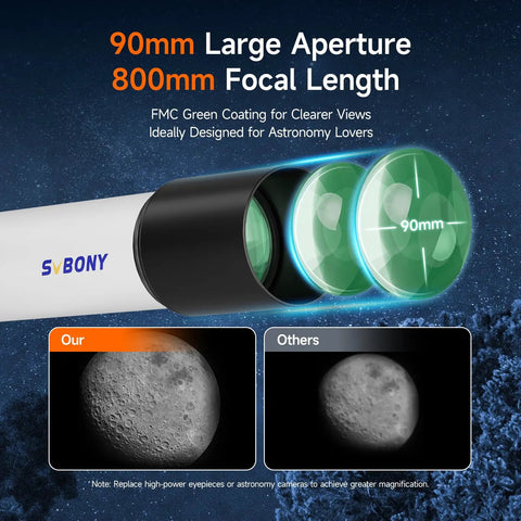 SV520 90mm Refractor Telescope Kit For Beginners With 800mm Focal Length AZ Mount highlighting lens and moon view comparison.