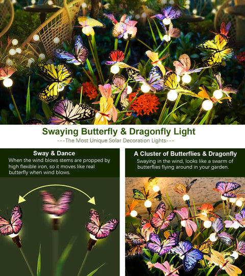 Solar Powered Butterfly Garden Stake Lights Two Pack Outdoor Decor With Rechargeable Battery glowing in a garden.