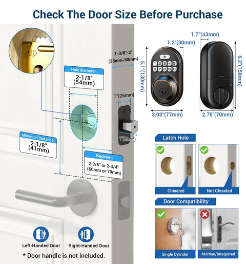Diagram showing measurements for Dope Fingerprint Door Lock With Keyless Entry Pad And Auto Lock, Oil Rubbed Bronze Finish.