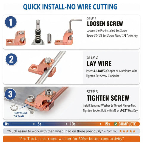 Step-by-step instructions for using Legit Heavy Duty Pool Bonding Connectors 6 Pack Built With Solid Copper Body and Dual Screw Options.