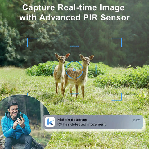 No Fuss Off Grid 4G LTE Cellular Wireless Security Camera For Remote Cabins Ranches And Pastures Straight Synced To Your Phone Without Wi Fi Or Complicated Wiring Setup capturing deer in a field with motion alert.