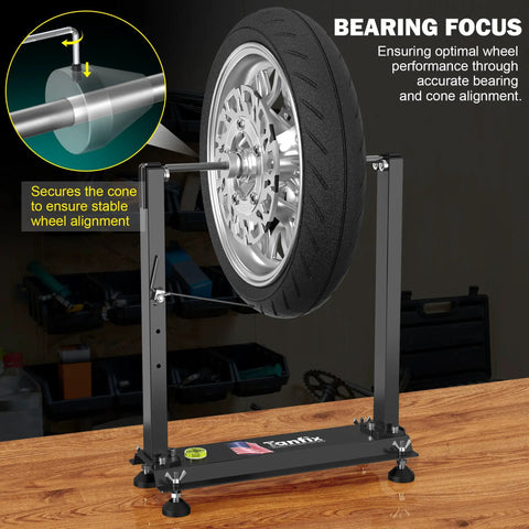 Heavy Duty Motorcycle Wheel Balance Stand For Static And Dynamic Tire Alignment Fits 12 Inch And Larger Wheels High Precision Bearings All Steel Construction Built To Last Tough As Nails, illustration of wheel alignment with detailed bearing focus.