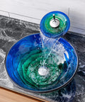 USZWBY Bathroom Vessel Sink Vanity Tempered Glass Vessel Bowl Sink Round Countertop Sink Bowl Above Counter Sink Art Basin with Waterfall Faucet, Pop Up Drain, Inlet Pipe with waterfall stream.