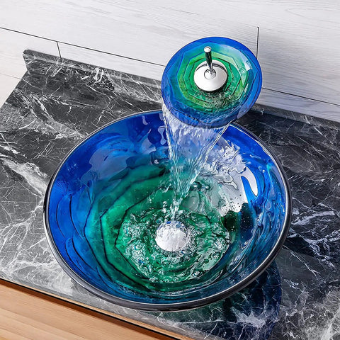 USZWBY Bathroom Vessel Sink Vanity Tempered Glass Vessel Bowl Sink Round Countertop Sink Bowl Above Counter Sink Art Basin with Waterfall Faucet, Pop Up Drain, Inlet Pipe with waterfall stream.