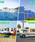Collage showing boat, solar panels, RV battery charger, and travel trailer, illustrating 20 Foot Solar To XT60 Extension Cable 12AWG usage.